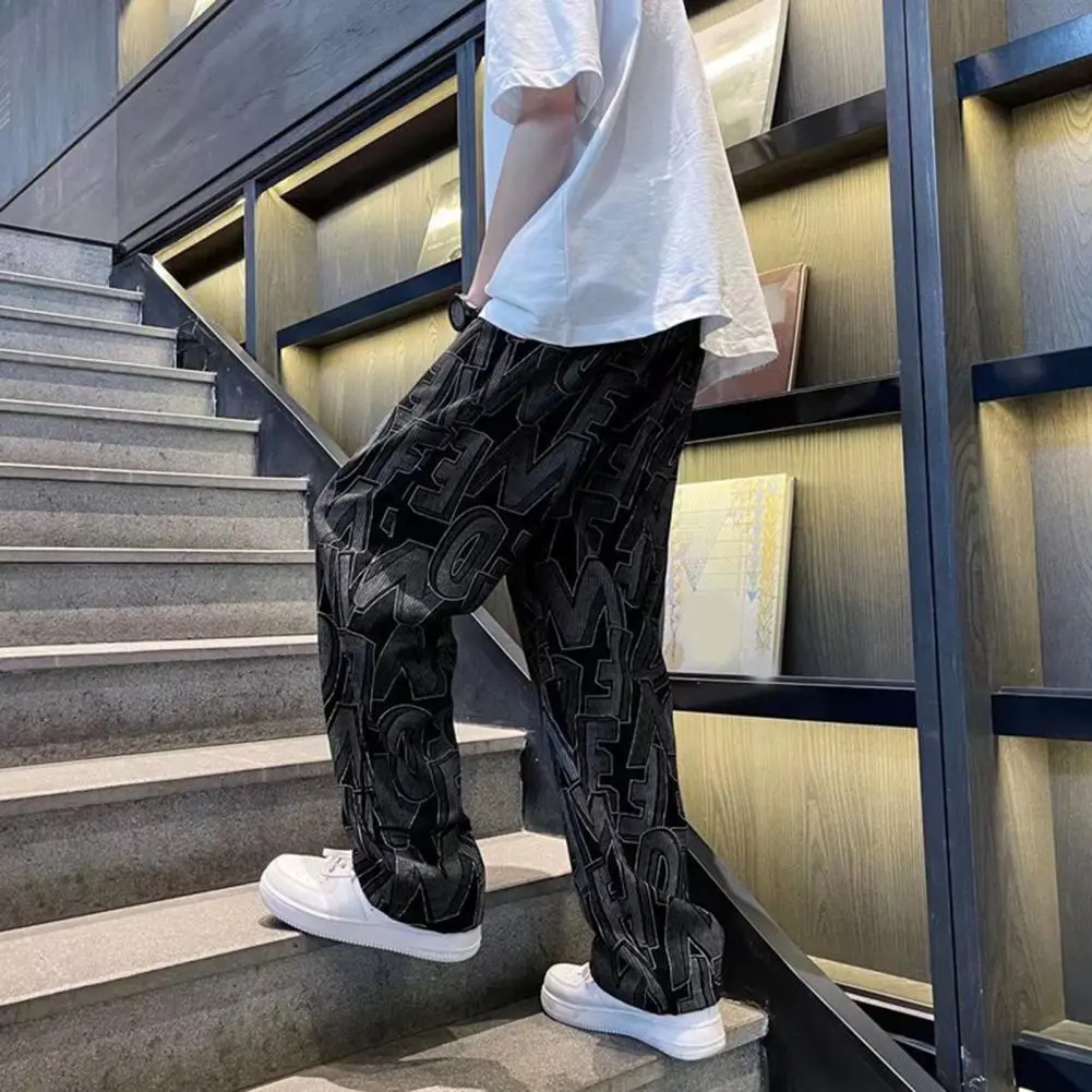 Straight-legged Men Pants Stylish Men's Corduroy Pants with Adjustable Drawstring Waist Wide Leg Design Letter Print Detail