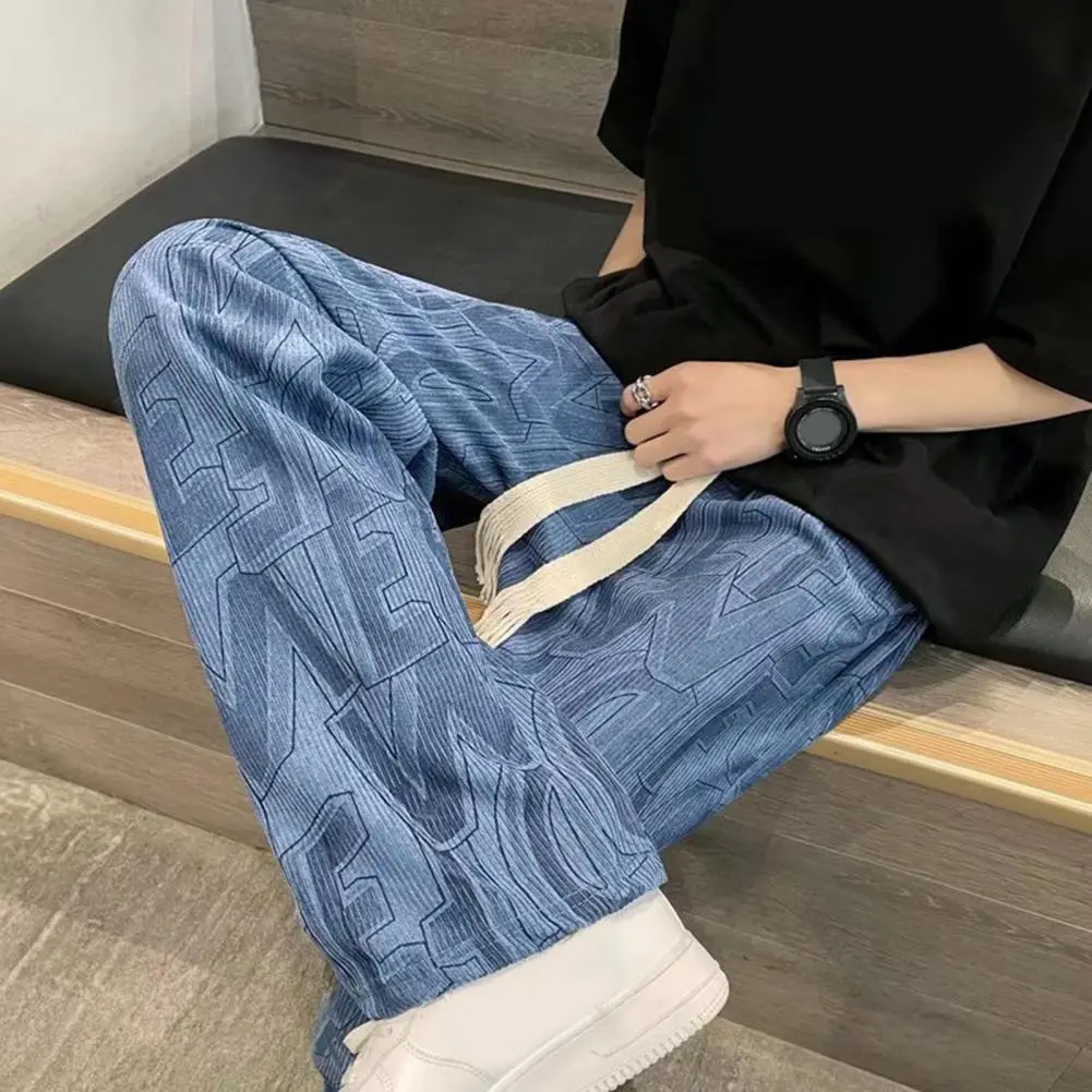 Straight-legged Men Pants Stylish Men's Corduroy Pants with Adjustable Drawstring Waist Wide Leg Design Letter Print Detail