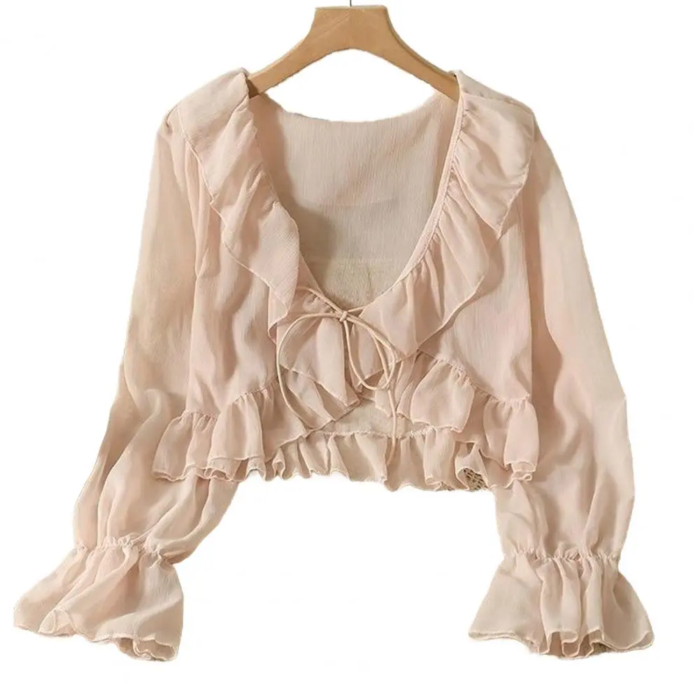 Chiffon Ruffle Blouse Chiffon Cardigan V-tie Lace-up Lightweight Shirt Stylish Summer Sun Protection Top with Ruffle for Wear