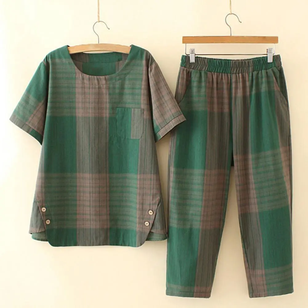 Summer Casual Loose Two Piece Set Women Fashion Plaid Print Pants Sets Women Elegant Short Sleeve Homewear Outfits 2 Piece Sets