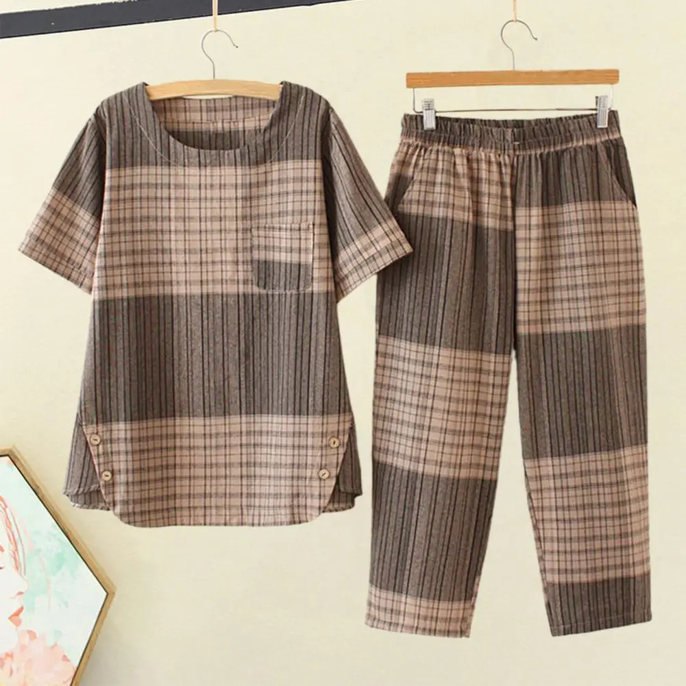 Summer Casual Loose Two Piece Set Women Fashion Plaid Print Pants Sets Women Elegant Short Sleeve Homewear Outfits 2 Piece Sets