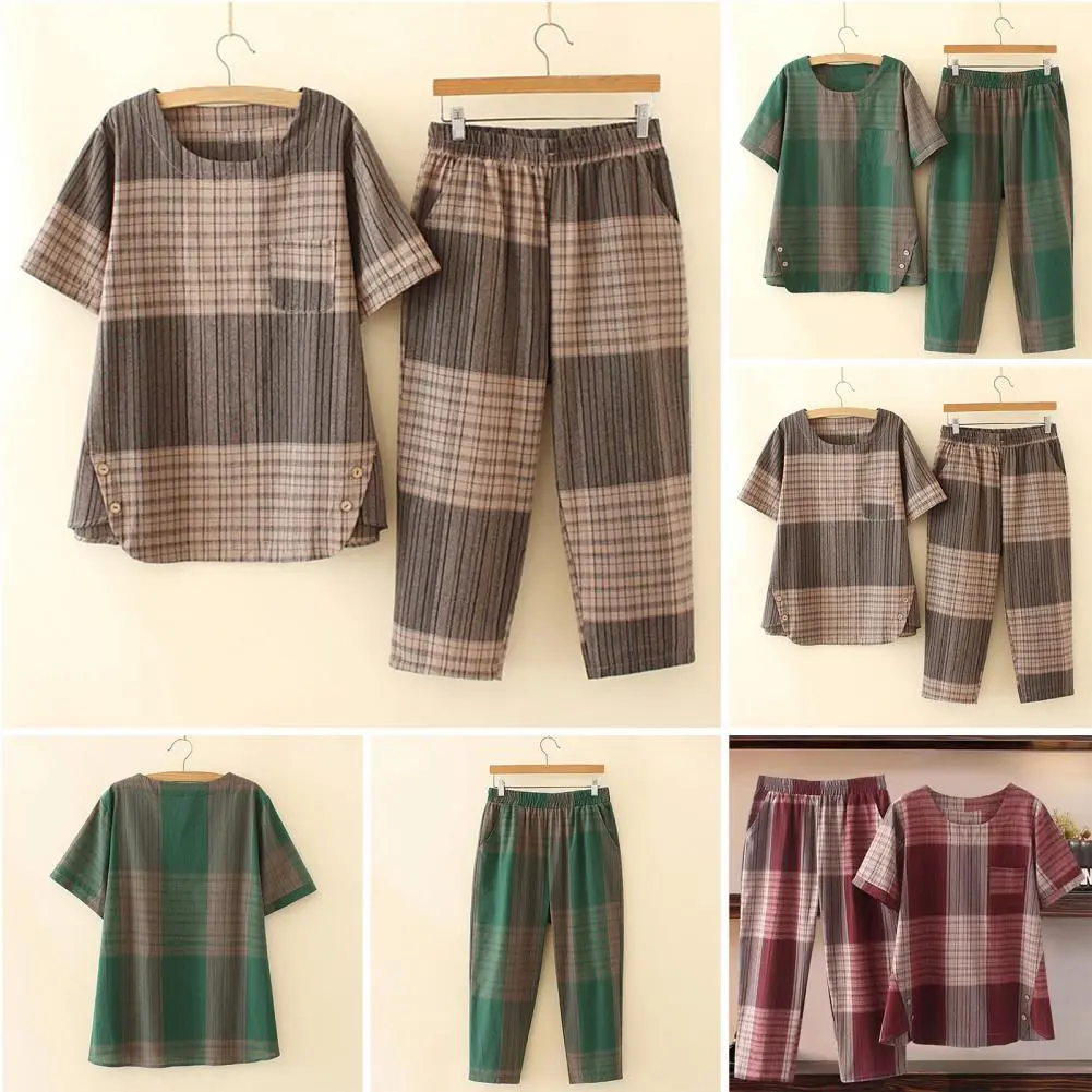 Summer Casual Loose Two Piece Set Women Fashion Plaid Print Pants Sets Women Elegant Short Sleeve Homewear Outfits 2 Piece Sets