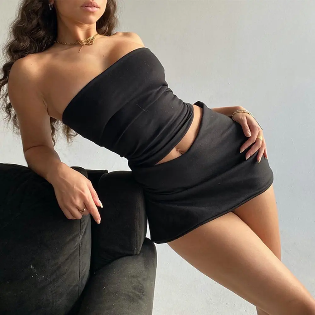 Women 2025 Spring Tube Tops Mini Skirts Party Club Two Piece Matching Sets Vacation Outfits Wholesale Items For Business