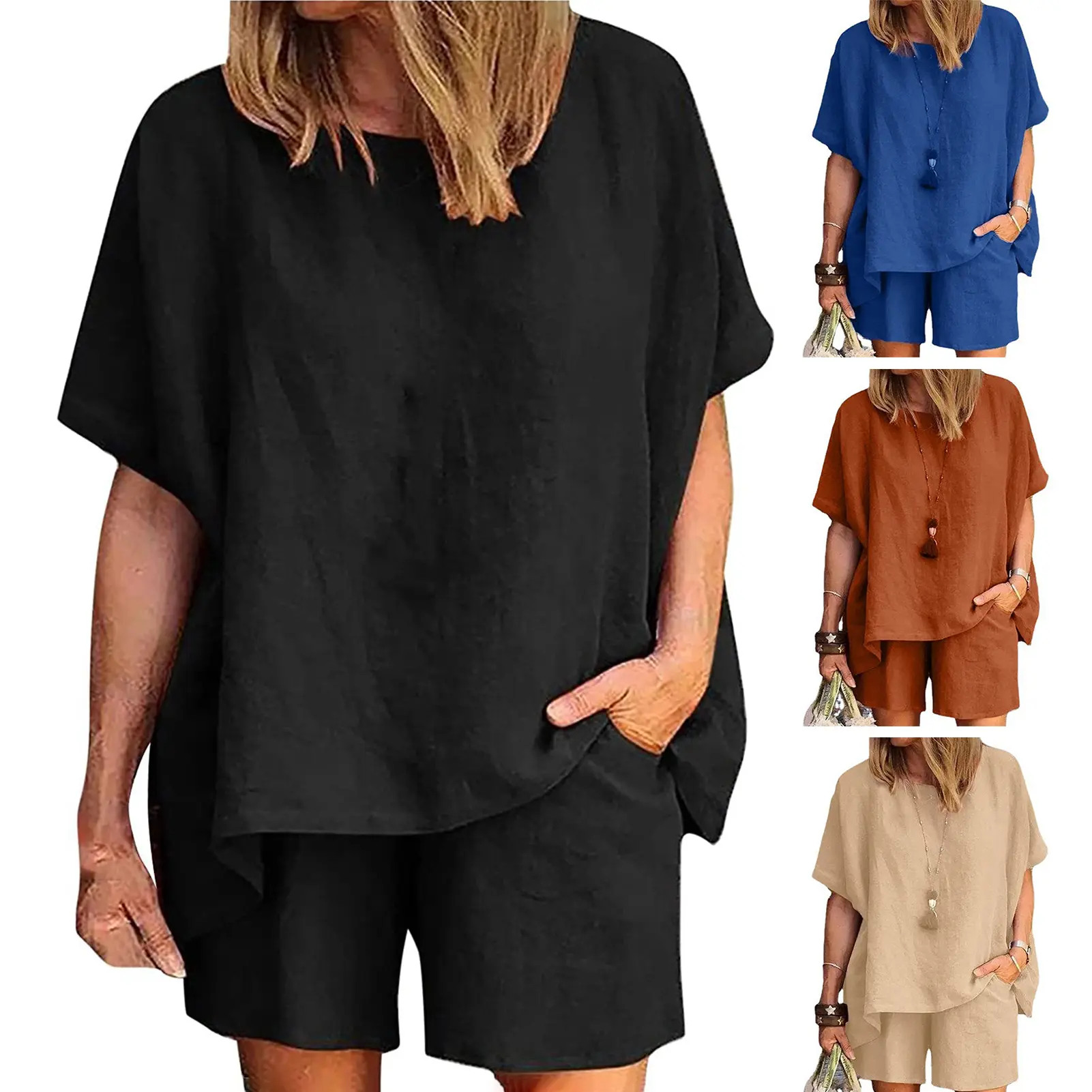 M-3XL 2Pcs/Set Loose Cotton Linen Short Sleeve Women Outfits Loose Fit Women Suit Casual Lightweight for Going Out