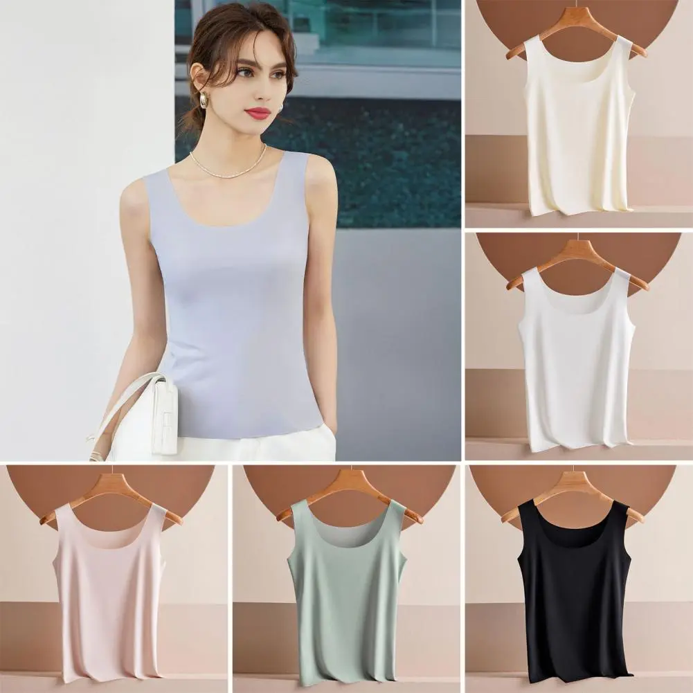 Versatile Color Top Scoop Neck Ice Silk Tank Top for Women Camisole Blouse Slim Fit Vest Strap Thin Base Shirt for Summer