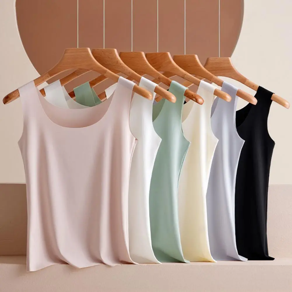 Versatile Color Top Scoop Neck Ice Silk Tank Top for Women Camisole Blouse Slim Fit Vest Strap Thin Base Shirt for Summer