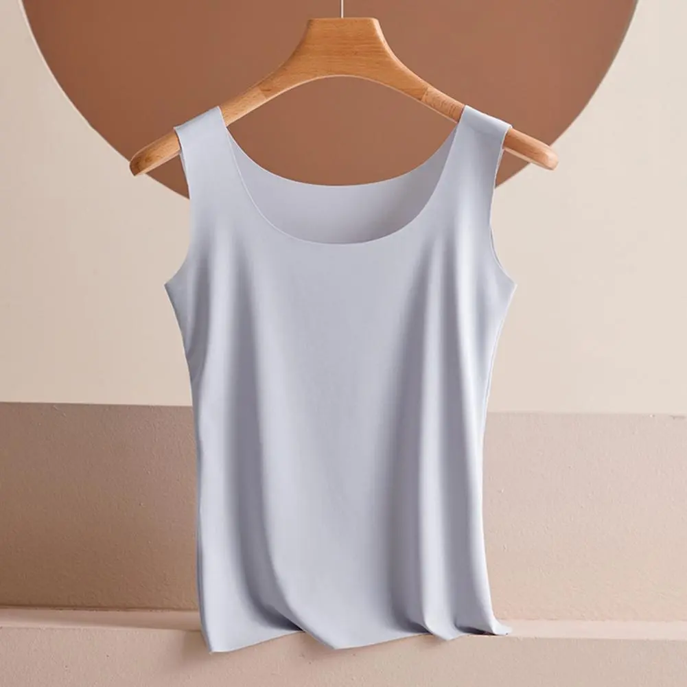 Versatile Color Top Scoop Neck Ice Silk Tank Top for Women Camisole Blouse Slim Fit Vest Strap Thin Base Shirt for Summer