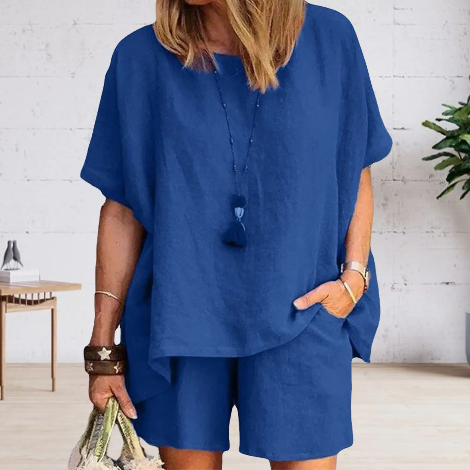 M-3XL 2Pcs/Set Loose Cotton Linen Short Sleeve Women Outfits Loose Fit Women Suit Casual Lightweight for Going Out