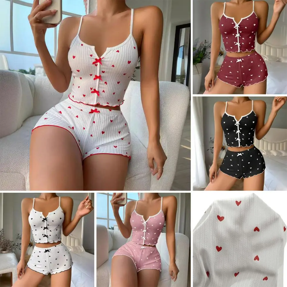Pink Sleepwear Women Pajamas Set Heart Print Ribbed Fabric with Flirty Frill Trim Casual Cami Top and Shorts Sets Loungewear