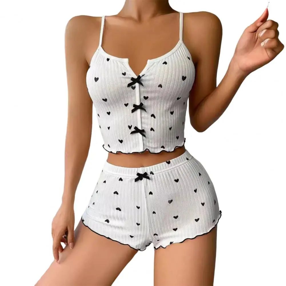 Pink Sleepwear Women Pajamas Set Heart Print Ribbed Fabric with Flirty Frill Trim Casual Cami Top and Shorts Sets Loungewear