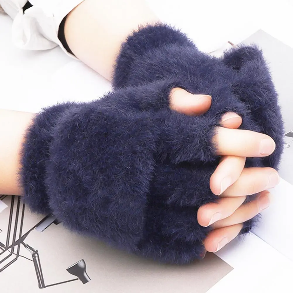 Elastic Cuff Thermal Gloves Women's Winter Convertible Fingerless Gloves Plush Outdoor Mittens for Cold Weather Warm Thick Half