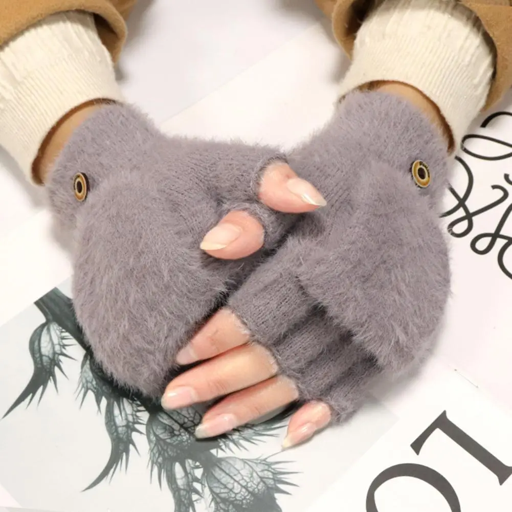 Elastic Cuff Thermal Gloves Women's Winter Convertible Fingerless Gloves Plush Outdoor Mittens for Cold Weather Warm Thick Half