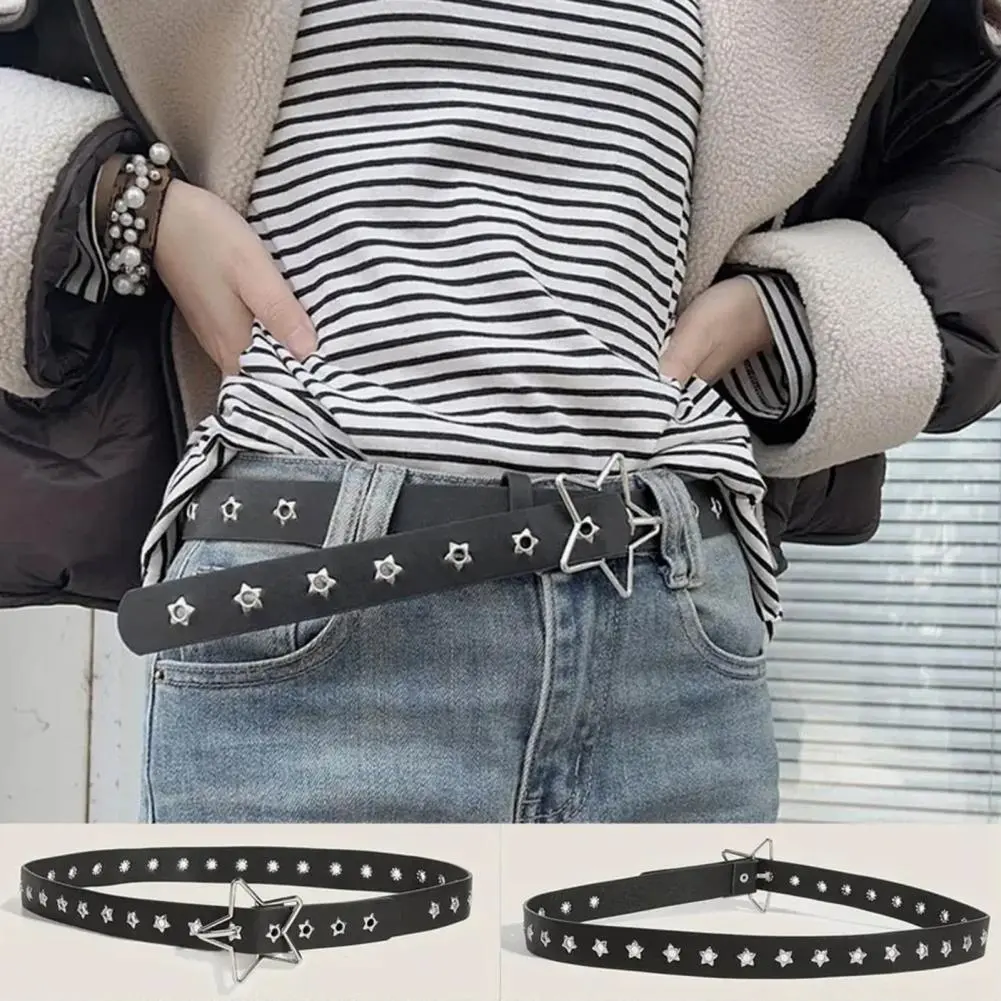 Adjustable Women Belt Punk Style Women's Belt with Rock Star Pattern Adjustable Hollow Hole Design for Dresses Jeans for Edgy