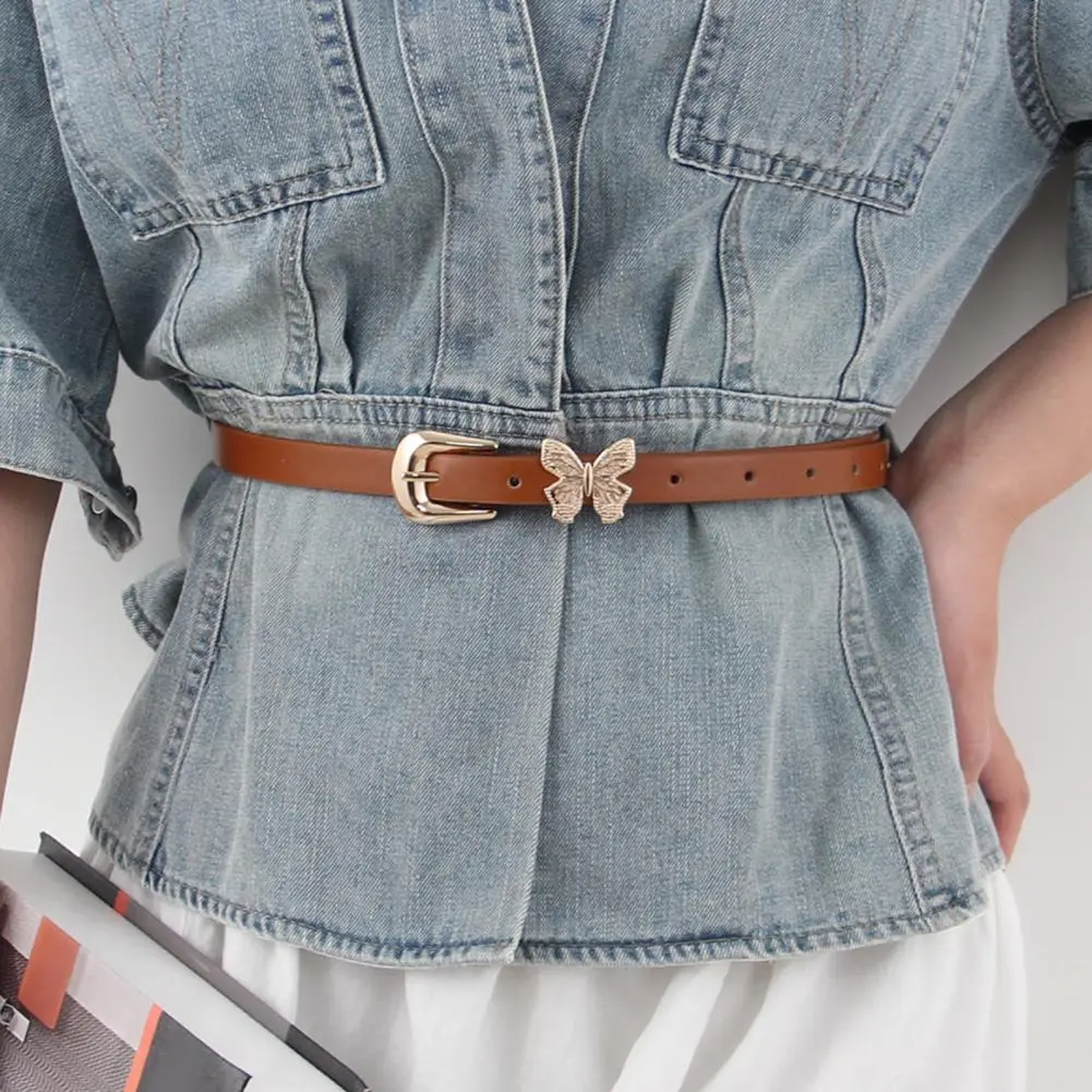Women Imitation Leather Belt Stylish Imitation Leather Women's Belt with Butterflies Buckle Adjustable Length Waist for Dress