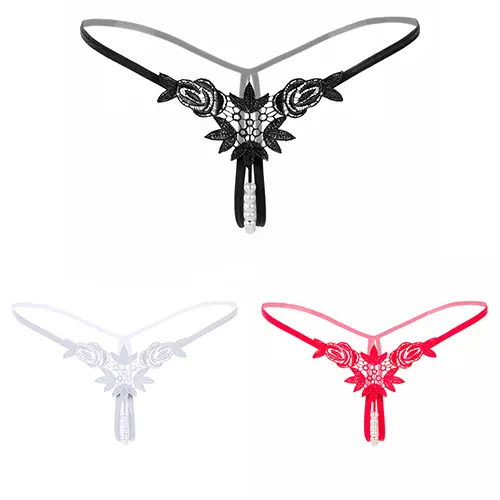 Transparent G-String Lace Pearl Thongs Low Waist Sexy Crotchless Woman's Massage Thread Panties Sex Erotic Accessories Underwear
