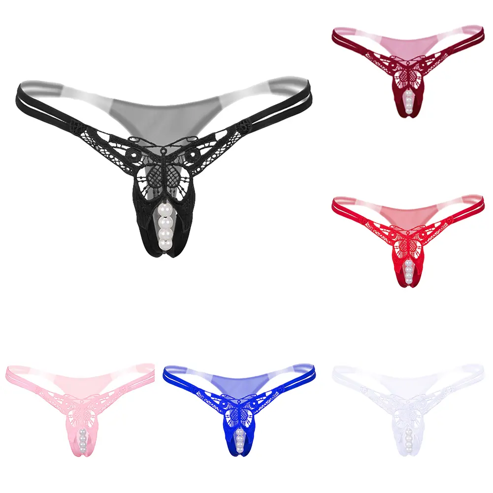 Transparent G-String Lace Pearl Thongs Low Waist Sexy Crotchless Woman's Massage Thread Panties Sex Erotic Accessories Underwear