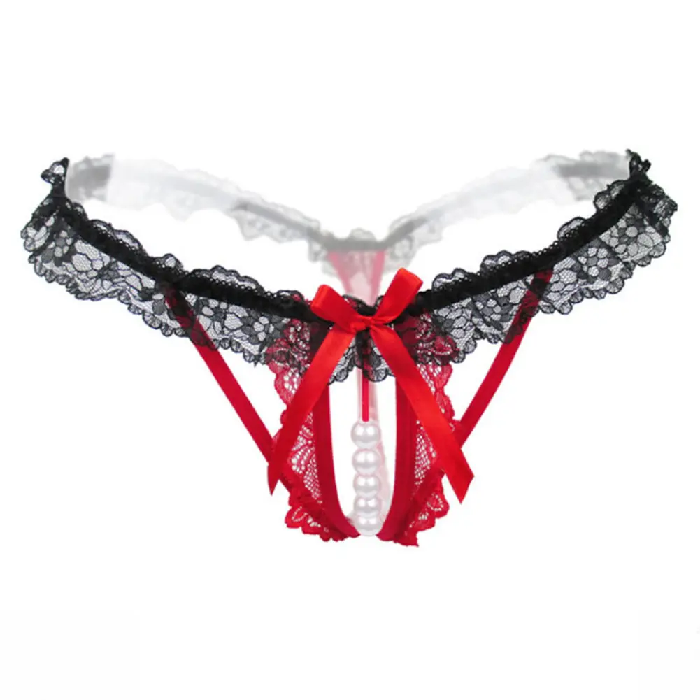 Transparent G-String Lace Pearl Thongs Low Waist Sexy Crotchless Woman's Massage Thread Panties Sex Erotic Accessories Underwear
