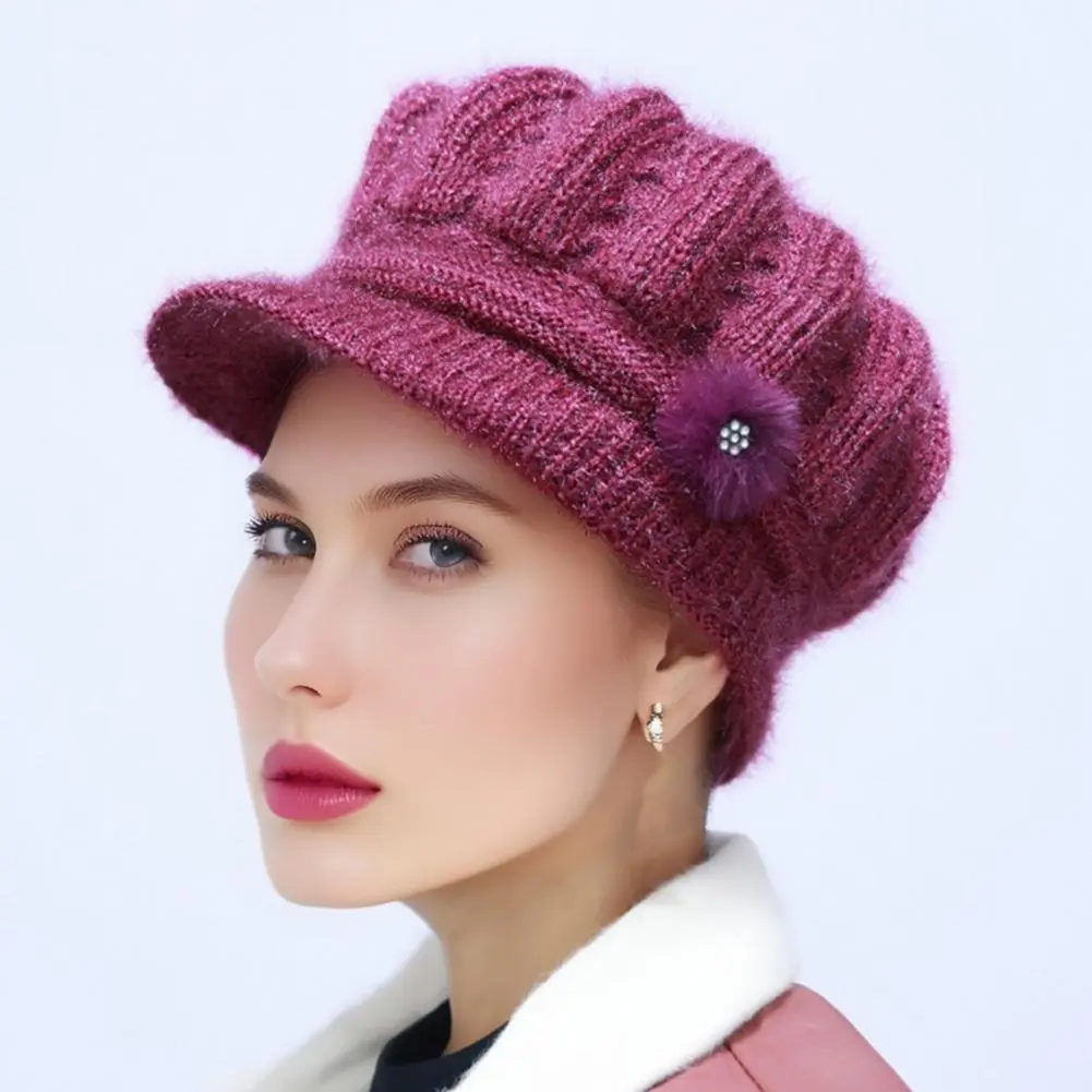 Soft Fabric Winter Hat Stylish Women's Knitted Winter Hat with Extended Brim Plush Lining Solid Color Flower Decor for Cold