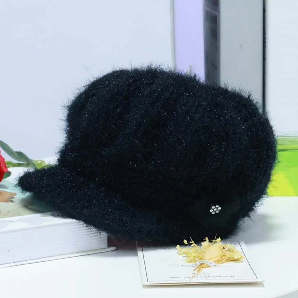 Soft Fabric Winter Hat Stylish Women's Knitted Winter Hat with Extended Brim Plush Lining Solid Color Flower Decor for Cold