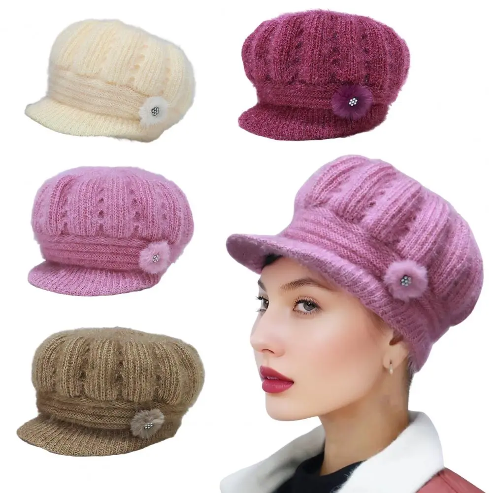 Soft Fabric Winter Hat Stylish Women's Knitted Winter Hat with Extended Brim Plush Lining Solid Color Flower Decor for Cold