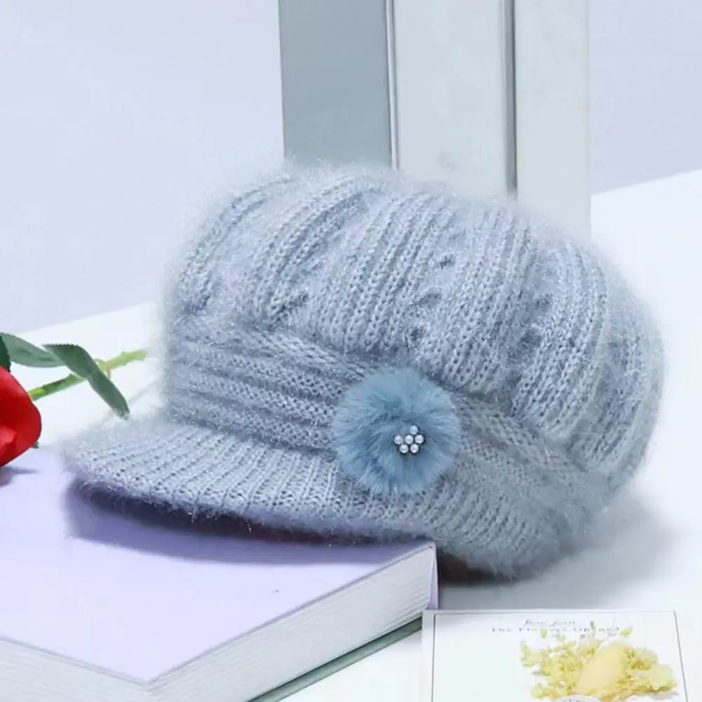 Soft Fabric Winter Hat Stylish Women's Knitted Winter Hat with Extended Brim Plush Lining Solid Color Flower Decor for Cold