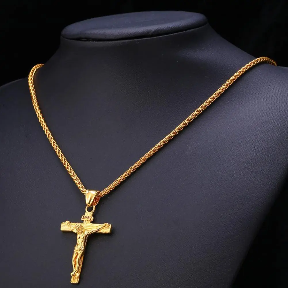 Jesus Cross Gold Plated Stainless Steel Pendant Necklace For Men Unisex Religious Waterproof Jewelry Accessories