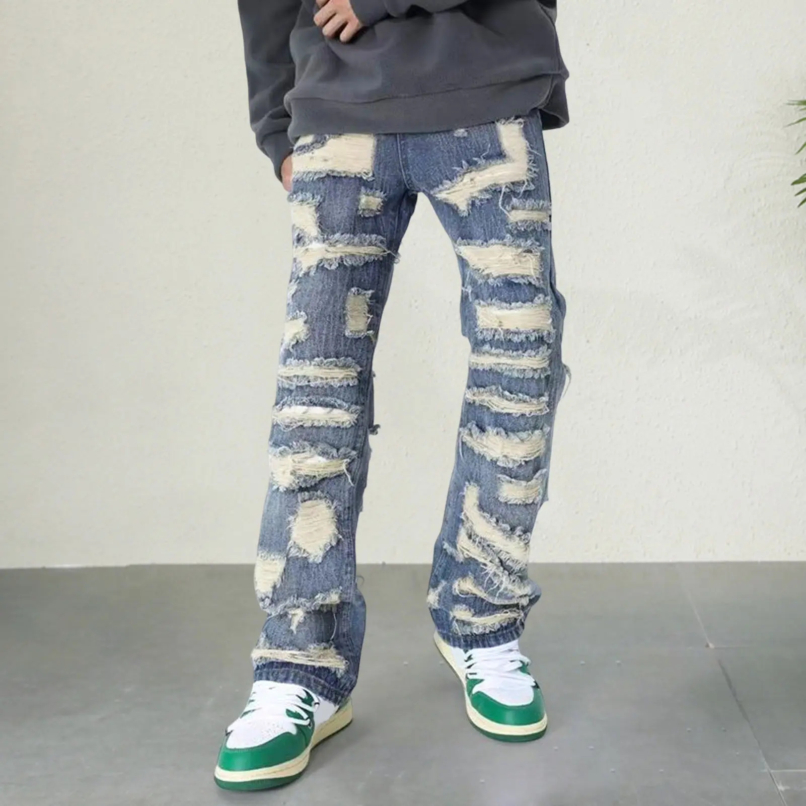 Mens Ripped Baggy Jeans Distressed Denim Streetwear Skateboard Pants Straight Leg Patchwork Oversized Urban Fashion Workwear