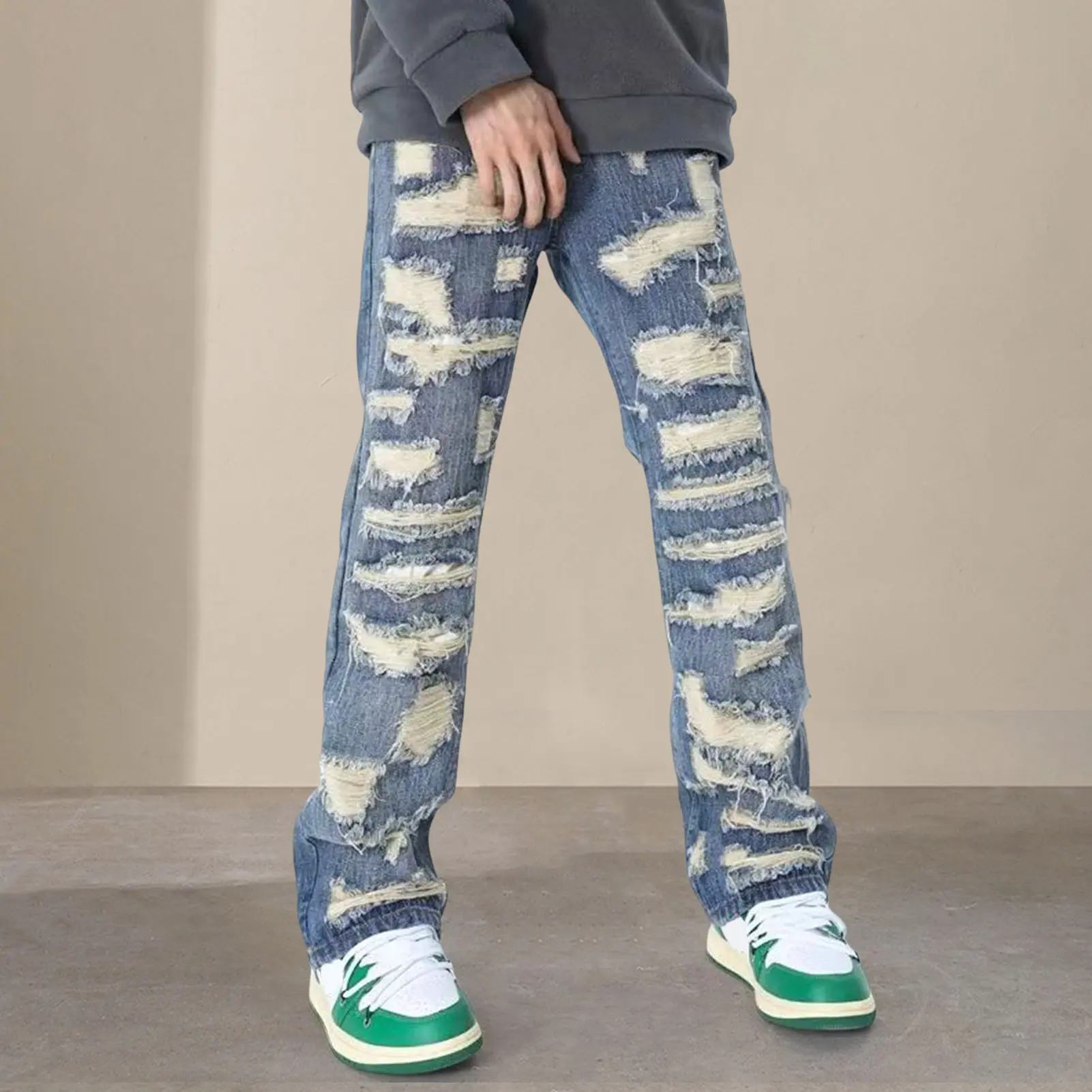 Mens Ripped Baggy Jeans Distressed Denim Streetwear Skateboard Pants Straight Leg Patchwork Oversized Urban Fashion Workwear