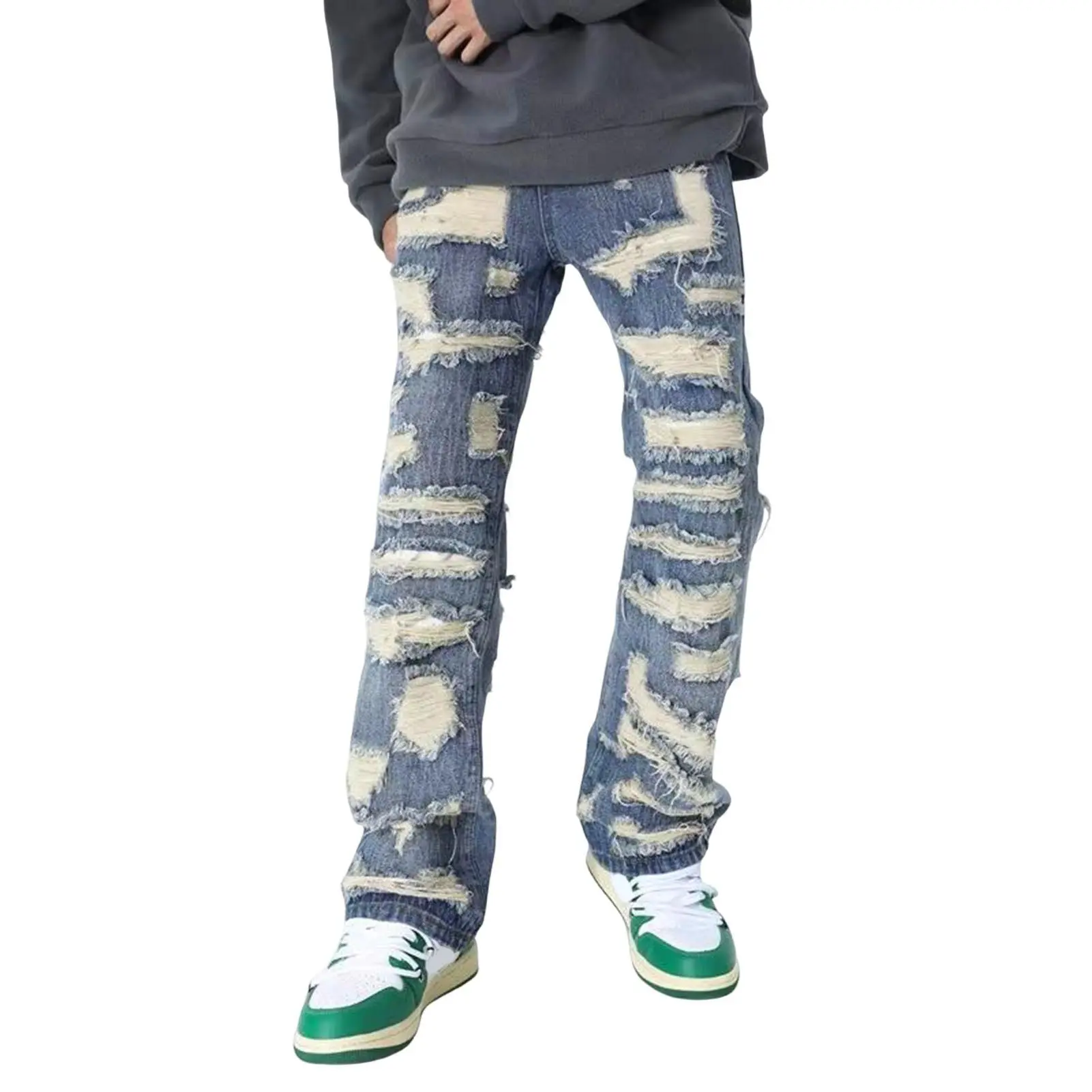 Mens Ripped Baggy Jeans Distressed Denim Streetwear Skateboard Pants Straight Leg Patchwork Oversized Urban Fashion Workwear