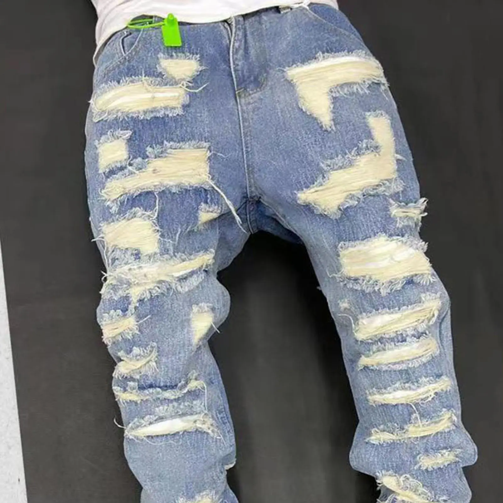 Mens Ripped Baggy Jeans Distressed Denim Streetwear Skateboard Pants Straight Leg Patchwork Oversized Urban Fashion Workwear