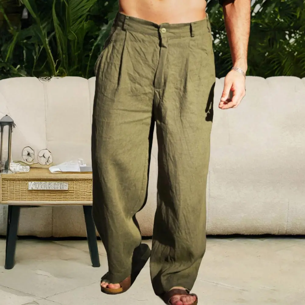 Men's Summer Wide Leg Loose Cotton Linen Yoga Pants Beach Casual Trousers with Pockets Casual Lightweight Pants