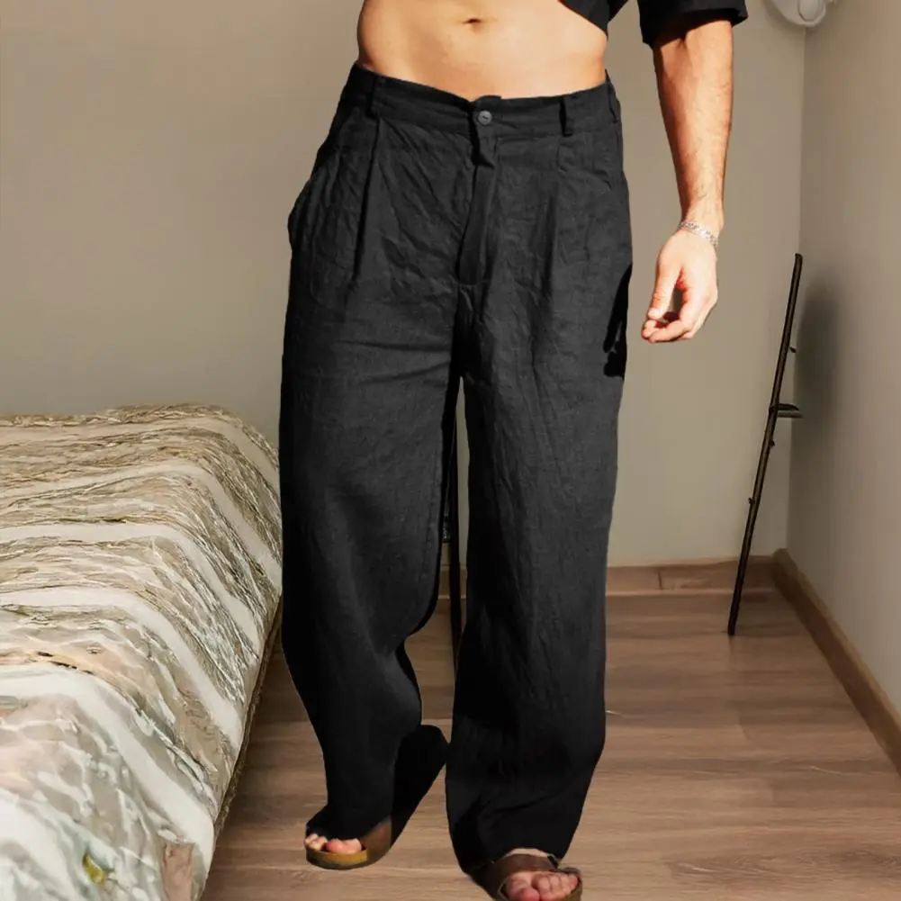 Men's Summer Wide Leg Loose Cotton Linen Yoga Pants Beach Casual Trousers with Pockets Casual Lightweight Pants