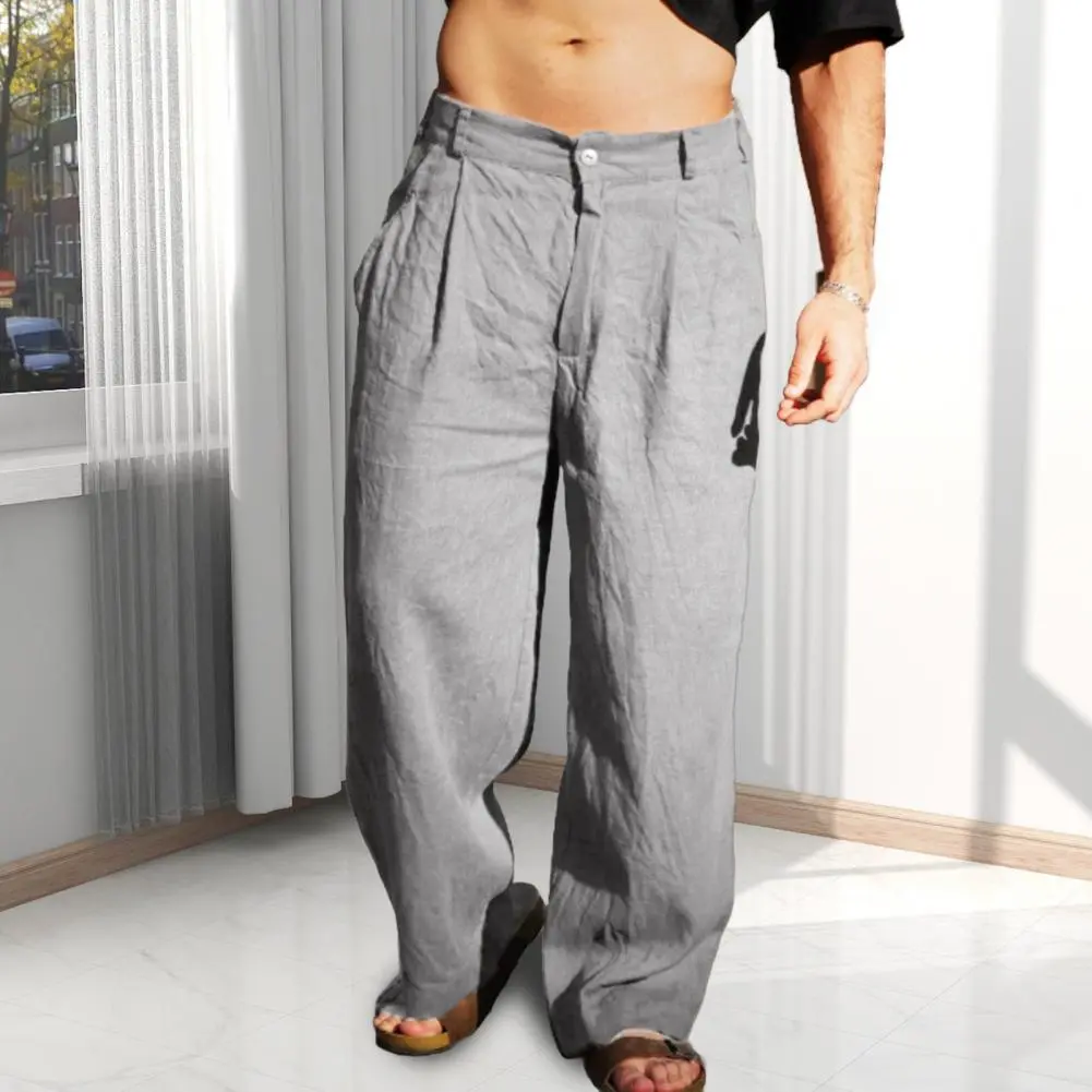 Men's Summer Wide Leg Loose Cotton Linen Yoga Pants Beach Casual Trousers with Pockets Casual Lightweight Pants