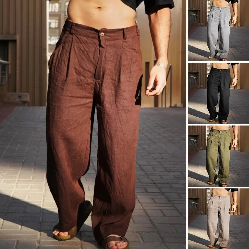 Men's Summer Wide Leg Loose Cotton Linen Yoga Pants Beach Casual Trousers with Pockets Casual Lightweight Pants