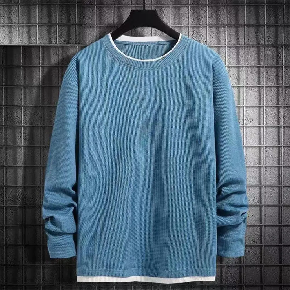 Casual Waffle Knit Pocket Hoodie Men's Spring Loose Fit Long Sleeve Pullover Round Neck Sweatshirt Comfortable T-Shirt