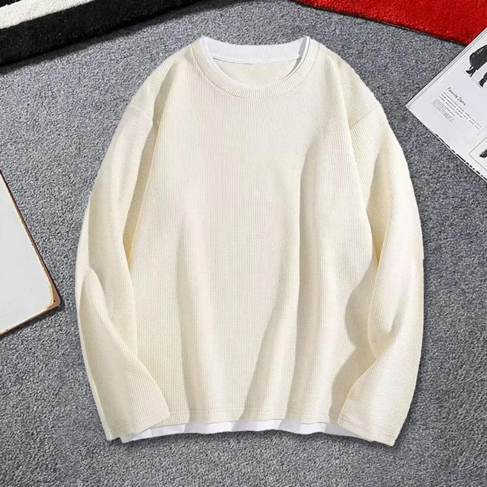 Casual Waffle Knit Pocket Hoodie Men's Spring Loose Fit Long Sleeve Pullover Round Neck Sweatshirt Comfortable T-Shirt