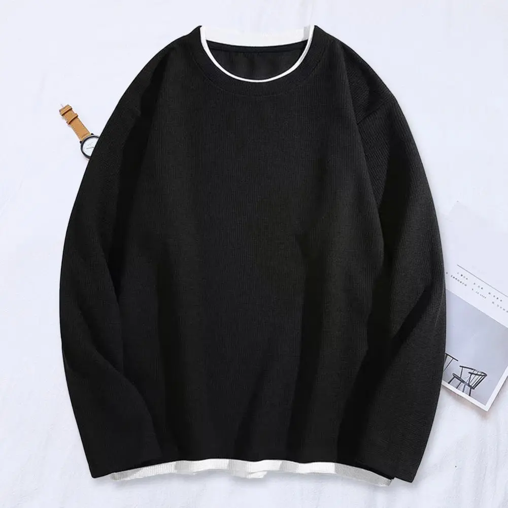 Casual Waffle Knit Pocket Hoodie Men's Spring Loose Fit Long Sleeve Pullover Round Neck Sweatshirt Comfortable T-Shirt