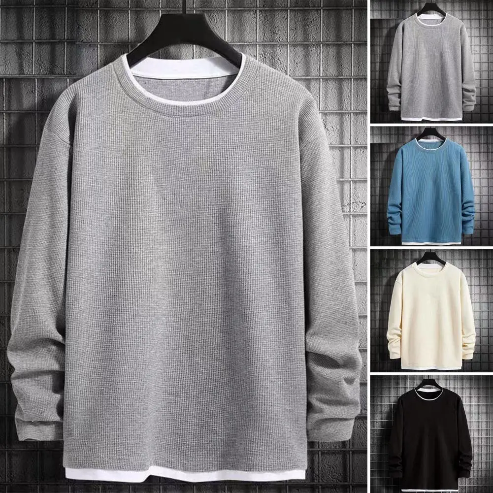 Casual Waffle Knit Pocket Hoodie Men's Spring Loose Fit Long Sleeve Pullover Round Neck Sweatshirt Comfortable T-Shirt