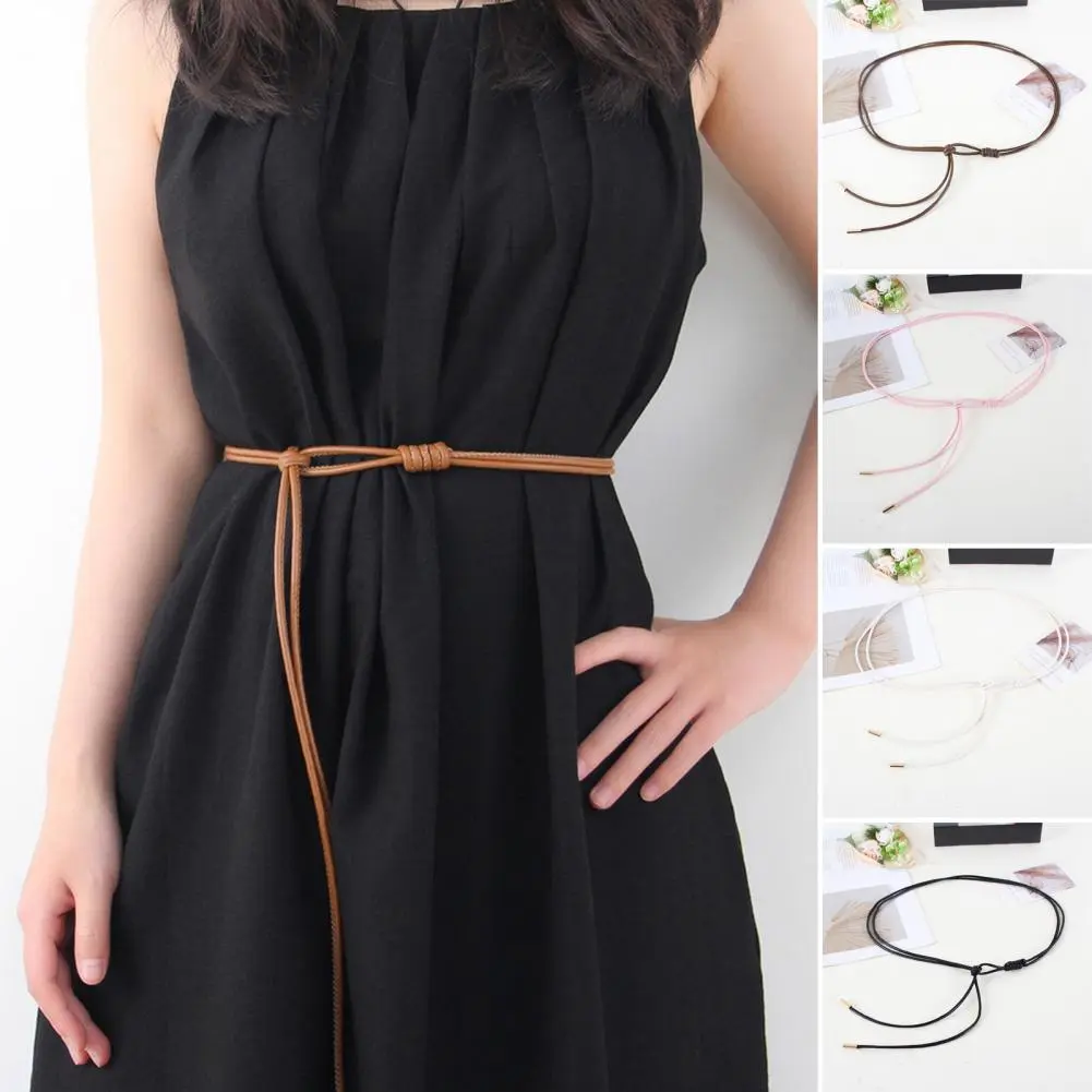 Imitation Leather Belt Stylish Imitation Leather Women's Belt with Adjustable Waist Solid Color Knotted Design for Shirt Dress