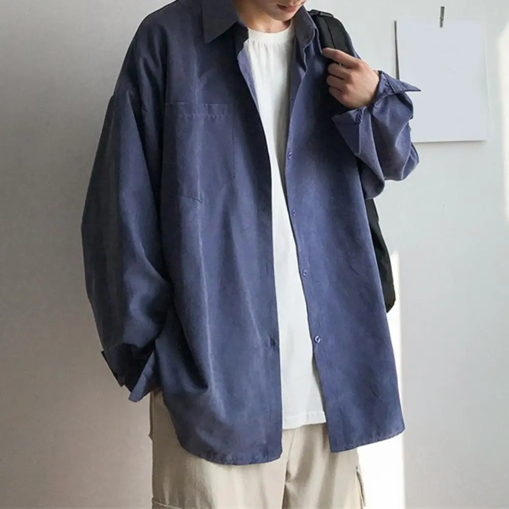 Men Loose Shirt Men Long-sleeve Lapel Shirt Men's Lapel Long Sleeve Casual Shirt with Patch Pocket Solid Color for Everyday