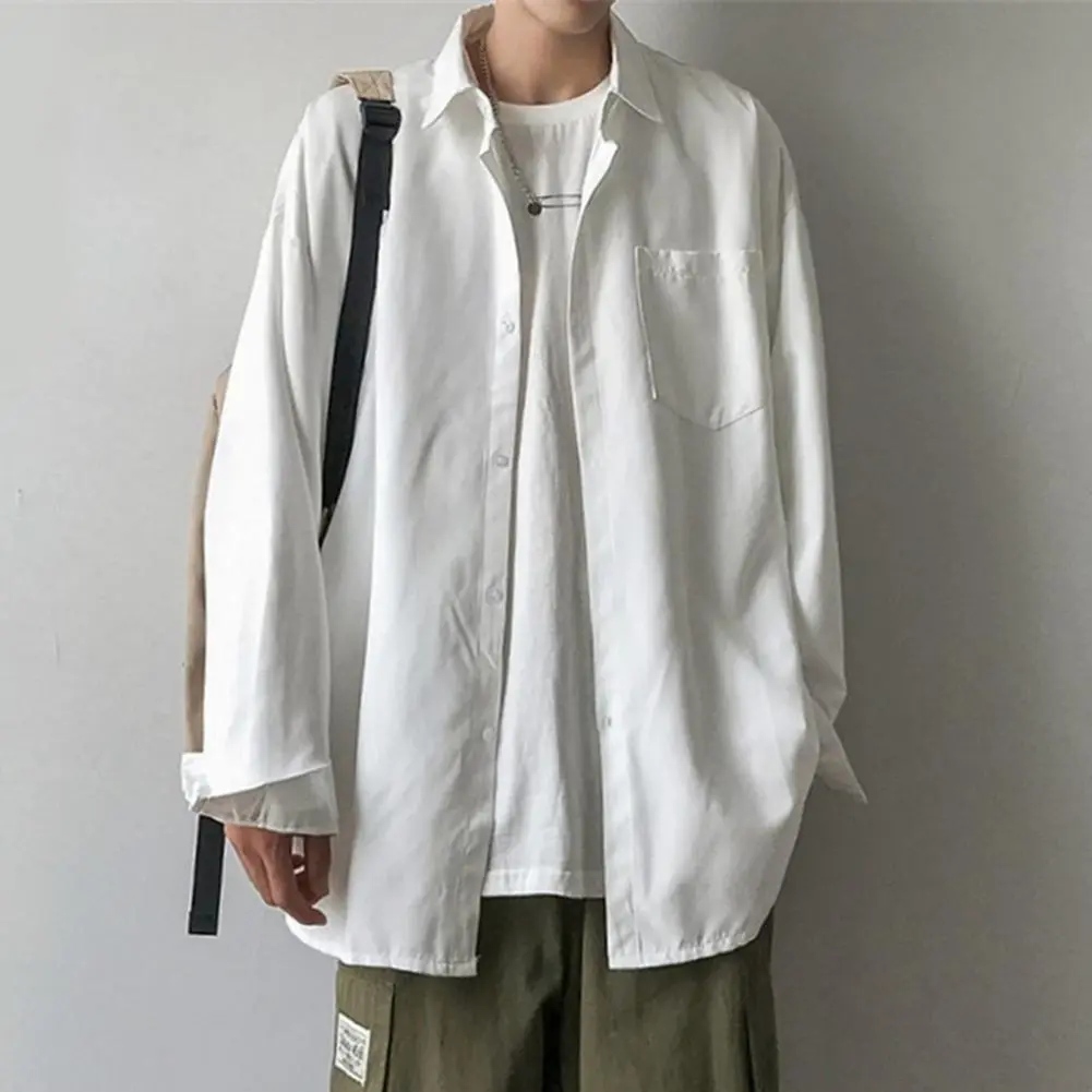 Men Loose Shirt Men Long-sleeve Lapel Shirt Men's Lapel Long Sleeve Casual Shirt with Patch Pocket Solid Color for Everyday
