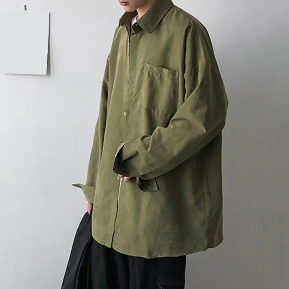 Men Loose Shirt Men Long-sleeve Lapel Shirt Men's Lapel Long Sleeve Casual Shirt with Patch Pocket Solid Color for Everyday