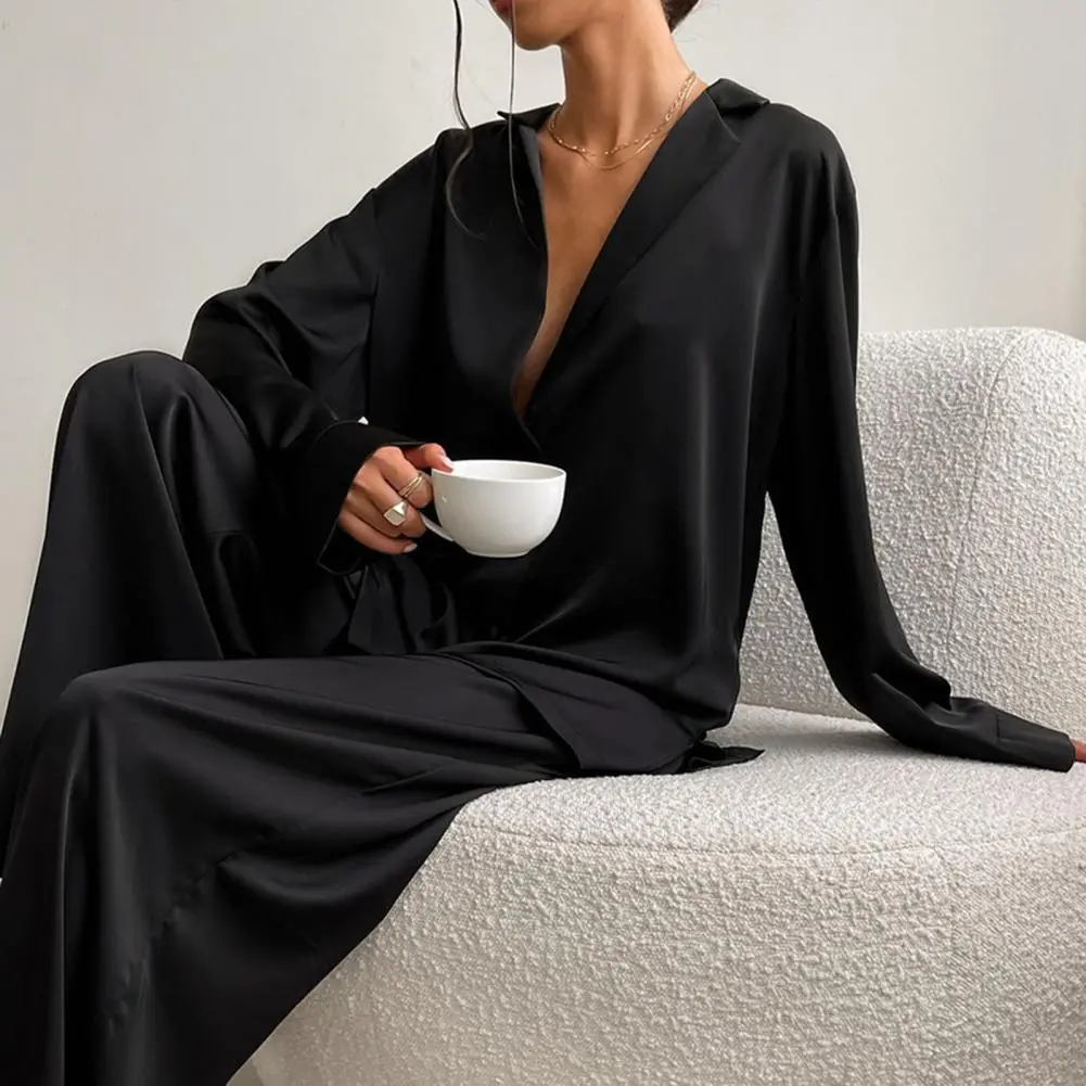 Women Shirt Pants Set Loose Lapel Long Sleeve Loose Single-breasted Wide Leg Straight Soft Lady Spring Pajama Homewear Suit