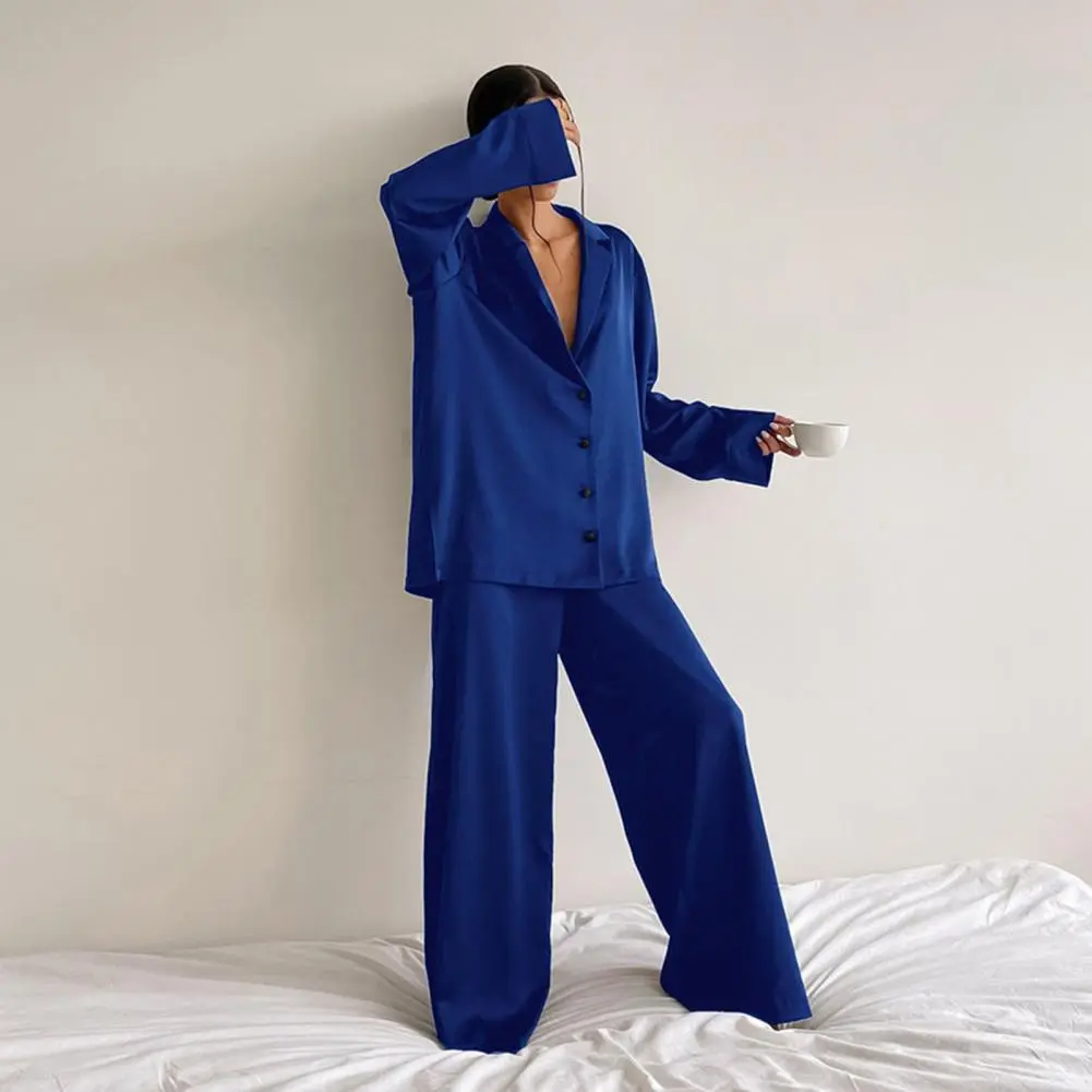 Women Shirt Pants Set Loose Lapel Long Sleeve Loose Single-breasted Wide Leg Straight Soft Lady Spring Pajama Homewear Suit