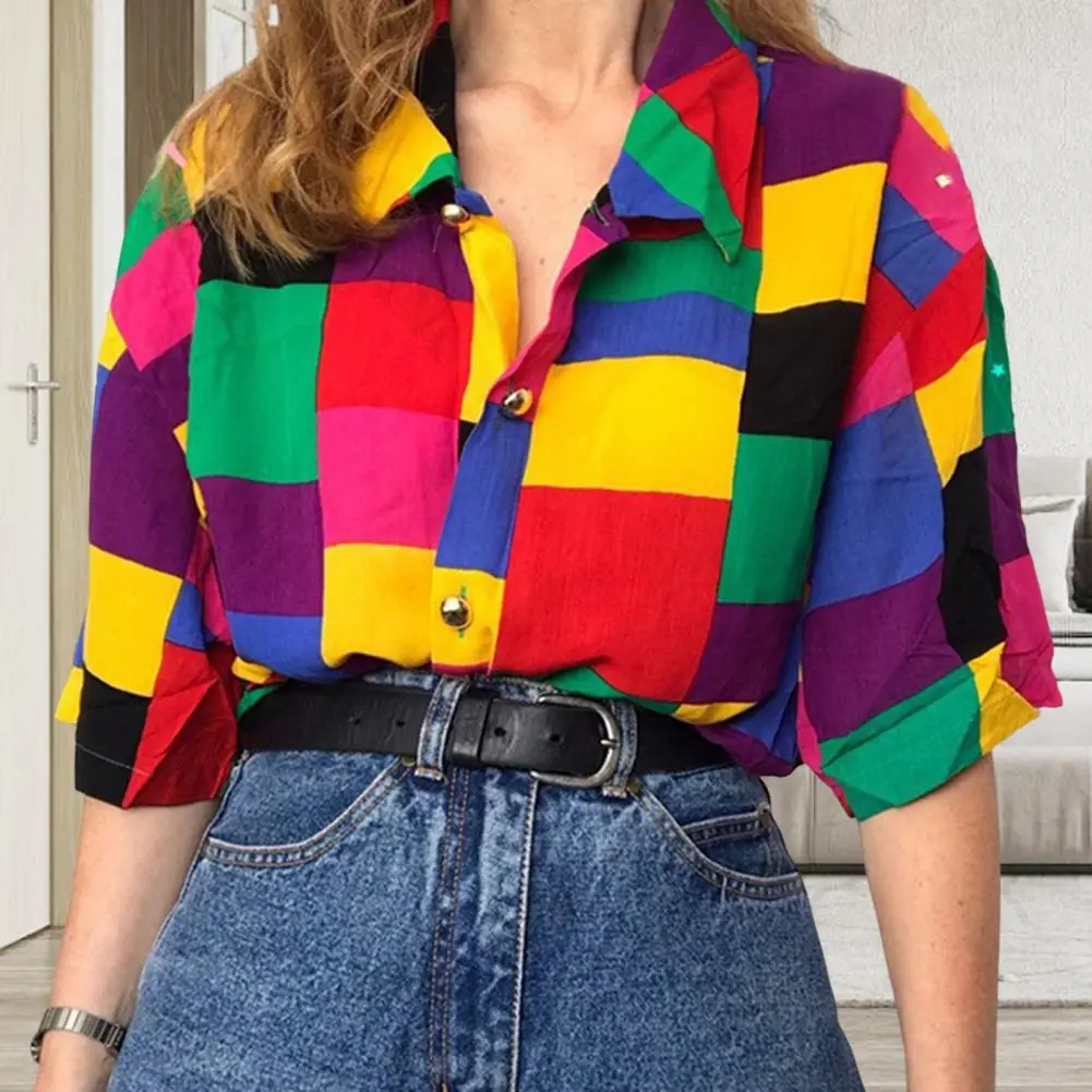 Casual Shirt Breathable Lady Shirt Versatile Designed Sense  Chic Multicolor Plaid Pattern Loose Office Blouse