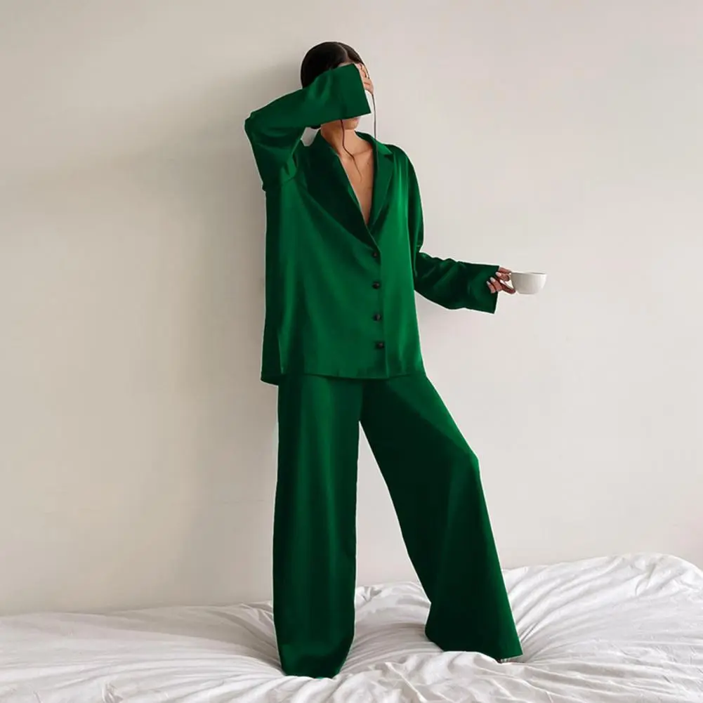 Women Shirt Pants Set Loose Lapel Long Sleeve Loose Single-breasted Wide Leg Straight Soft Lady Spring Pajama Homewear Suit
