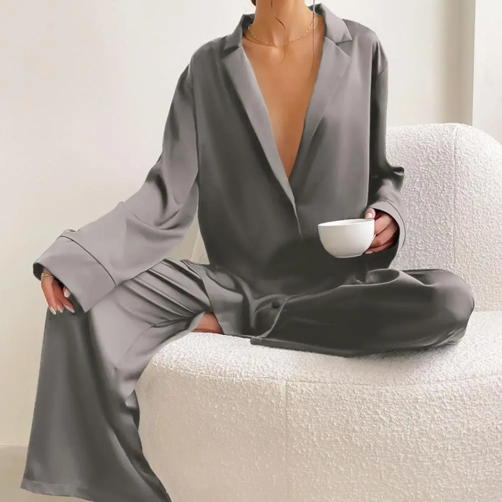 Women Shirt Pants Set Loose Lapel Long Sleeve Loose Single-breasted Wide Leg Straight Soft Lady Spring Pajama Homewear Suit
