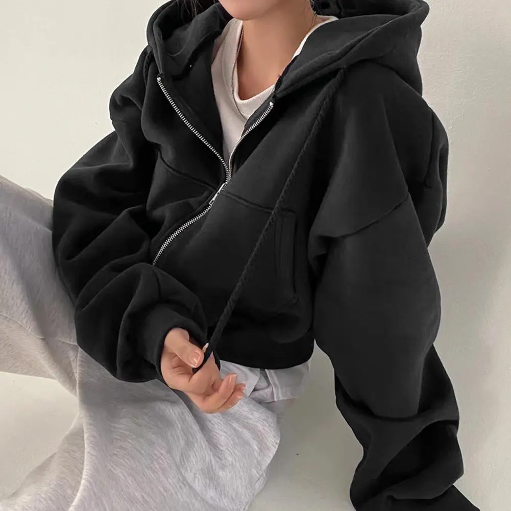 Y2K Zip Up Hoodies Harajuku Oversized Women Short Hoodie Coat Casual Hood Sweatshirt Women Crop Tops Female Loose Jackets Coat
