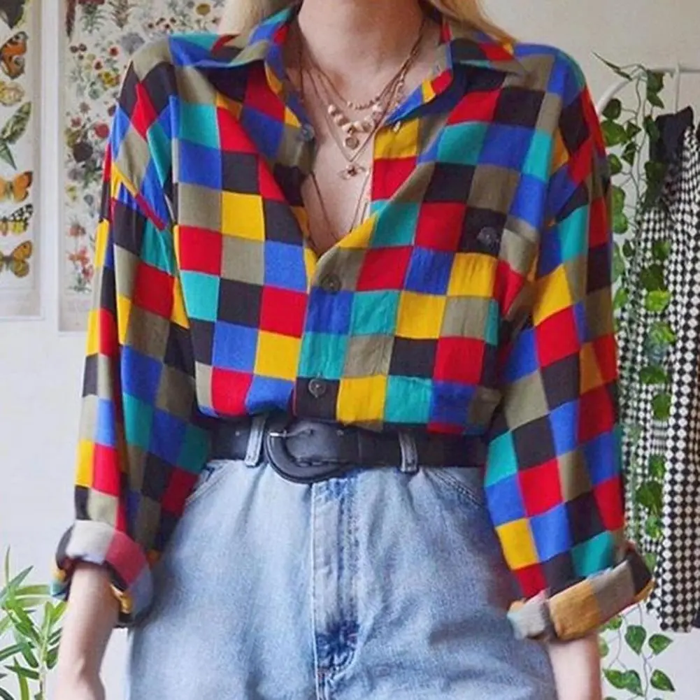 Casual Shirt Breathable Lady Shirt Versatile Designed Sense  Chic Multicolor Plaid Pattern Loose Office Blouse