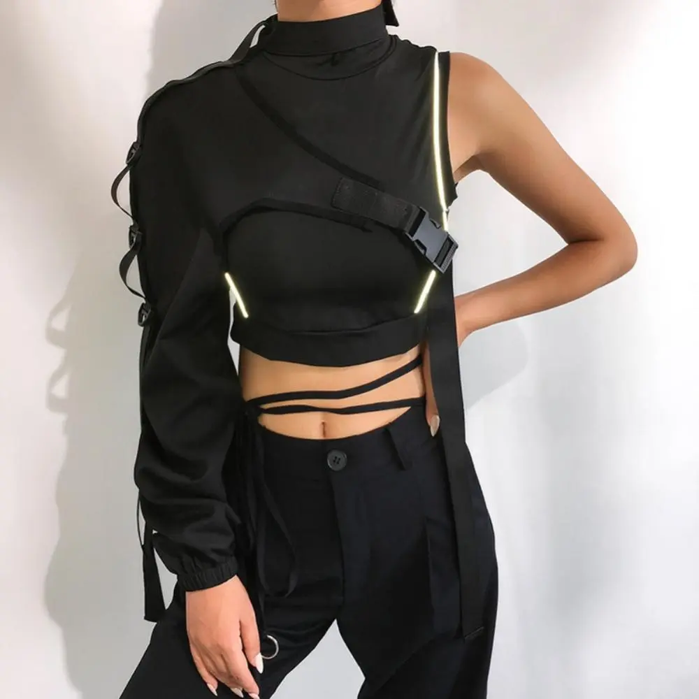 One Long Sleeve Top Safety Reflective Chic Summer Blouse Fashion One-sided Choker Strap Buckle Reflective Halter Smock Blouse